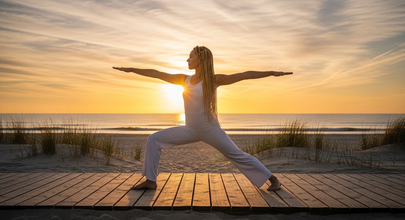 Serene Yoga Warrior Pose at Golden Hour Beach Sunset