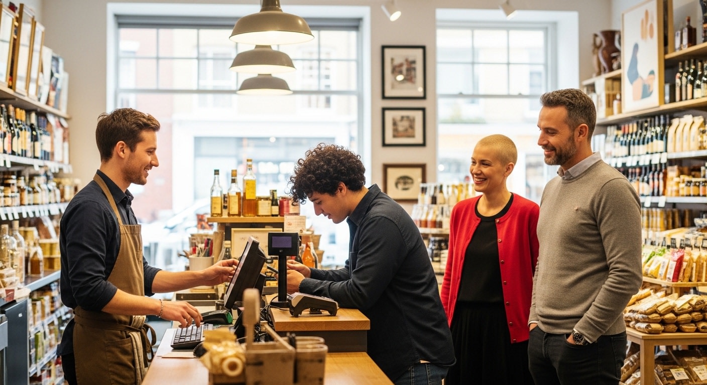 Smiling Shoppers at E-commerce Checkout Counter
