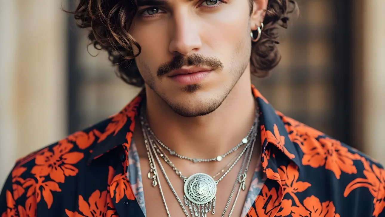 A detailed close-up of the man in the floral shirt, showcasing his unique style and fashion accessories.