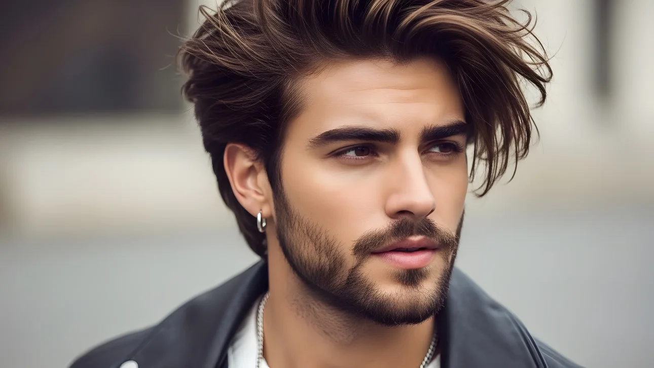 A detailed close-up portrait showcasing the stylish man with dark hair, a beard, and a black leather jacket, set against a blurred background.
