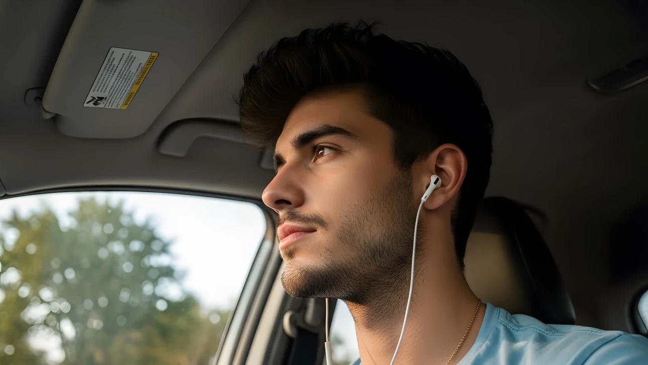 A photograph of the primary subject, a man in a car, looking out the window, conveying a sense of contemplation during a drive.