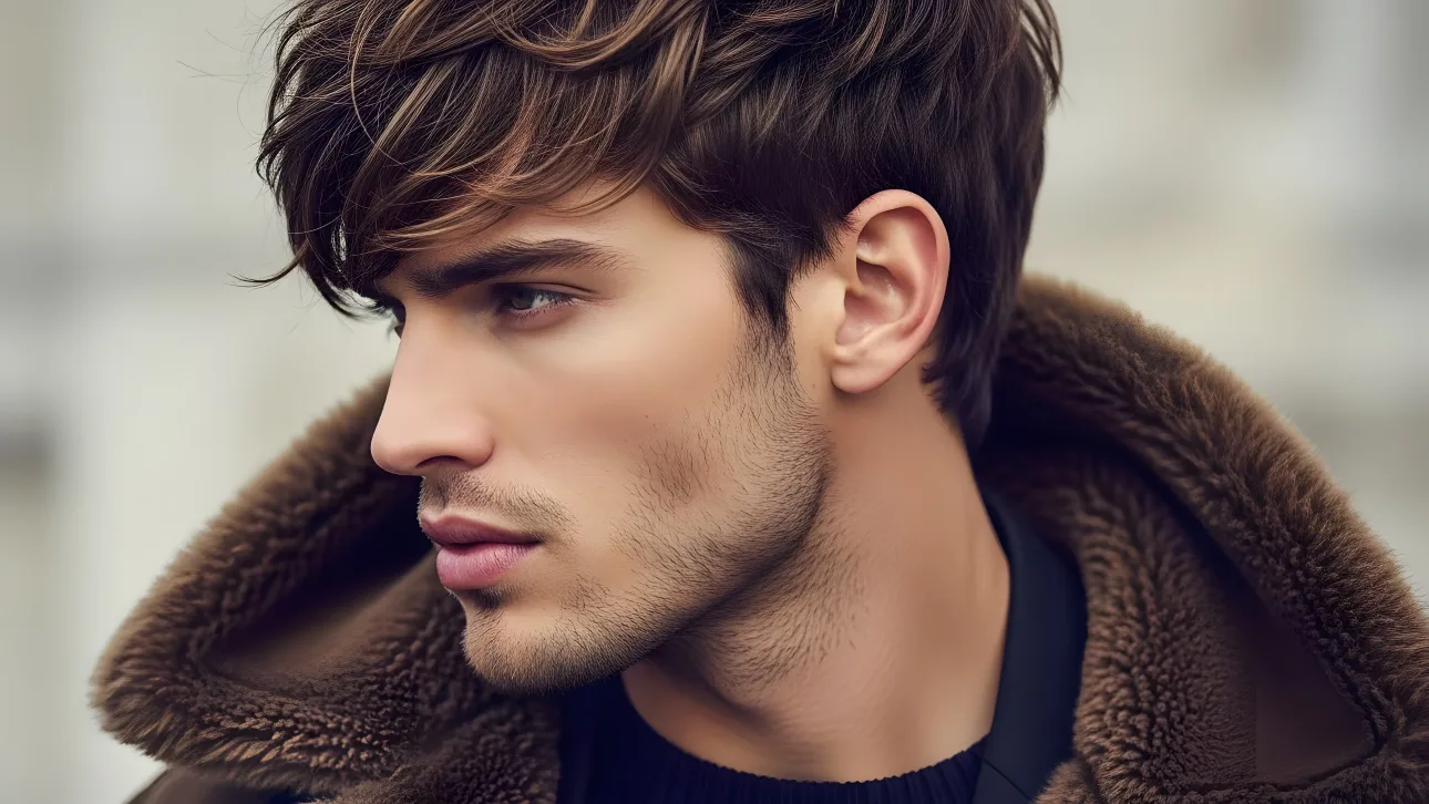 A portrait of the contemplative man with soft lighting and a fur-collared jacket.