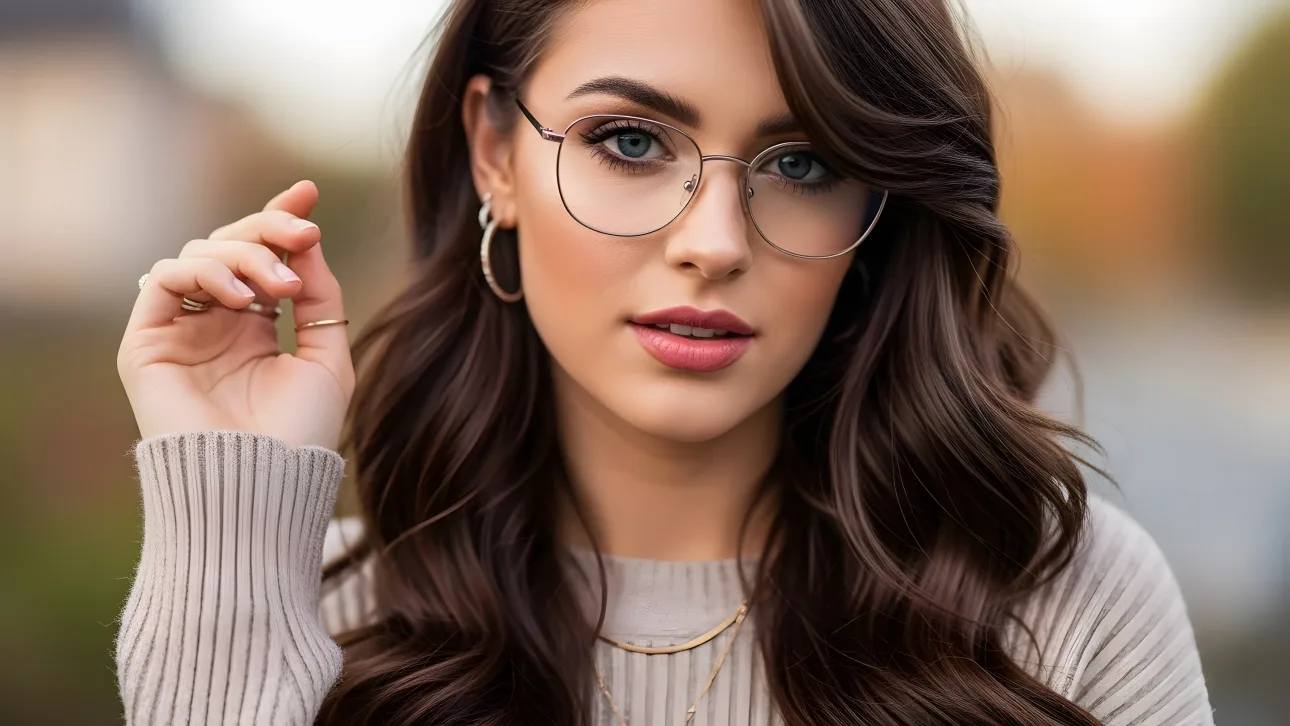A captivating close-up portrait featuring a woman with glasses, showcasing her natural beauty and effortless style in a soft, diffused outdoor setting.