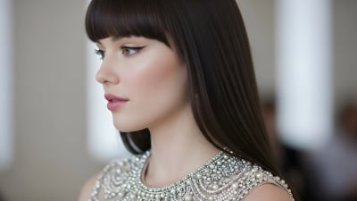 Woman with Beaded Neckline Showcases Elegant Fashion Style