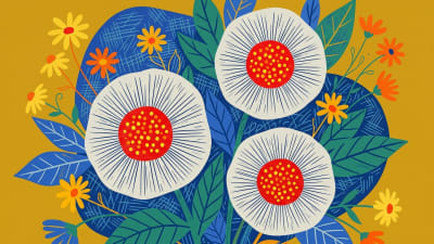 Vibrant Folk Art Floral Illustration  Cheerful Retro Flower Garden Vector