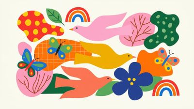 Vibrant Nature Illustration Colorful Birds, Butterflies & Rainbows
