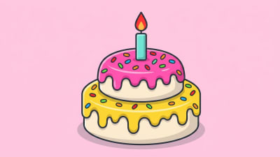 Sweet Birthday Cake Vector Colorful Sprinkles, Lit Candle & Pink Icing