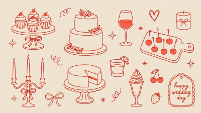 Cute Wedding & Party Desserts Vector Icons Set - Celebration Food Doodles