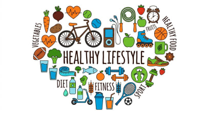 Healthy Lifestyle Vector Diet, Fitness & Wellness Icons in a Heart Shape