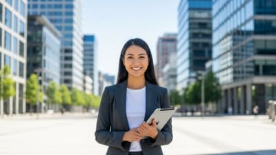 Professional Asian Businesswoman with Tablet in Cityscape