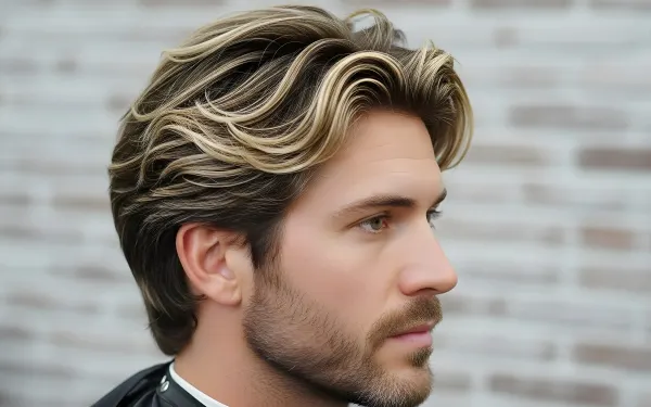 A detailed profile shot showcasing light brown hair with blonde highlights, perfect for beauty and style inspiration.