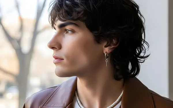 A stylish portrait featuring the person wearing a brown leather jacket and silver hoop earring, set against a blurred outdoor background.