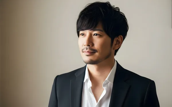 A studio portrait of the man in a black suit, looking to the left against a beige background.