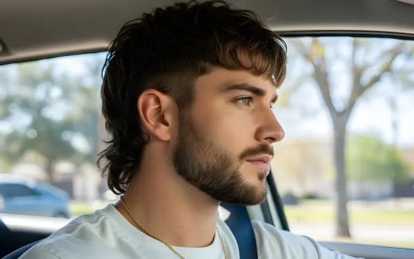 A stylish man with a mullet driving a car, representing the primary subject in a natural and contemporary setting.