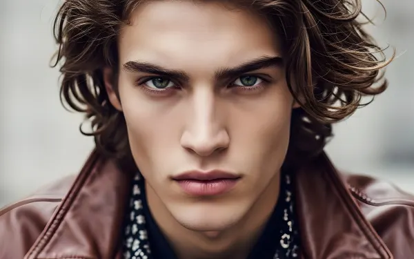 A captivating portrait of the primary subject, featuring a person with fair skin, green eyes, and a brown leather jacket, perfect for adding authenticity to your designs.