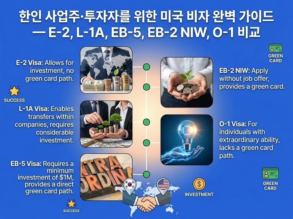 한인 사업주·투자자를 위한 미국 비자 완벽 가이드 — E-2, L-1A, EB-5, EB-2 NIW, O-1 비교