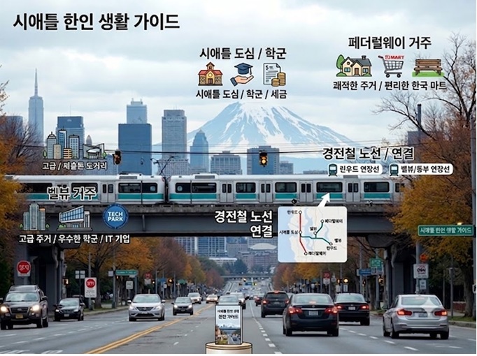 시애틀 한인 생활 완전 가이드 — 페더럴웨이·벨뷰·린우드 거주·마트·학군·세금·경전철까지