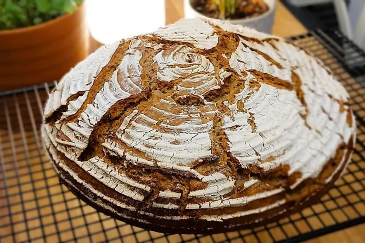Goldbrauner Laib Brot im offenen Römertopf, knusprige Kruste und weiche, luftige Krume sichtbar