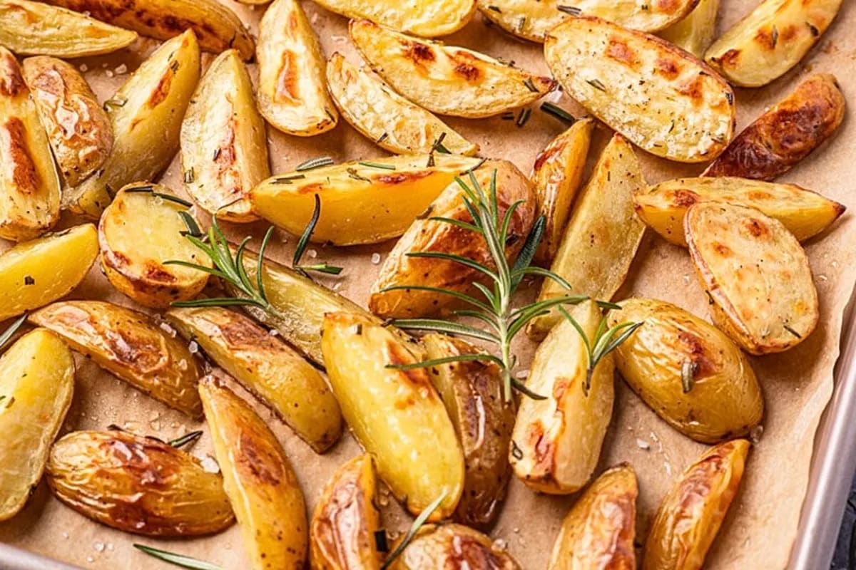 Goldbraun gebackene Rosmarinkartoffeln auf einem Backrost, knusprig, mit frischen Rosmarinnadeln bestreut