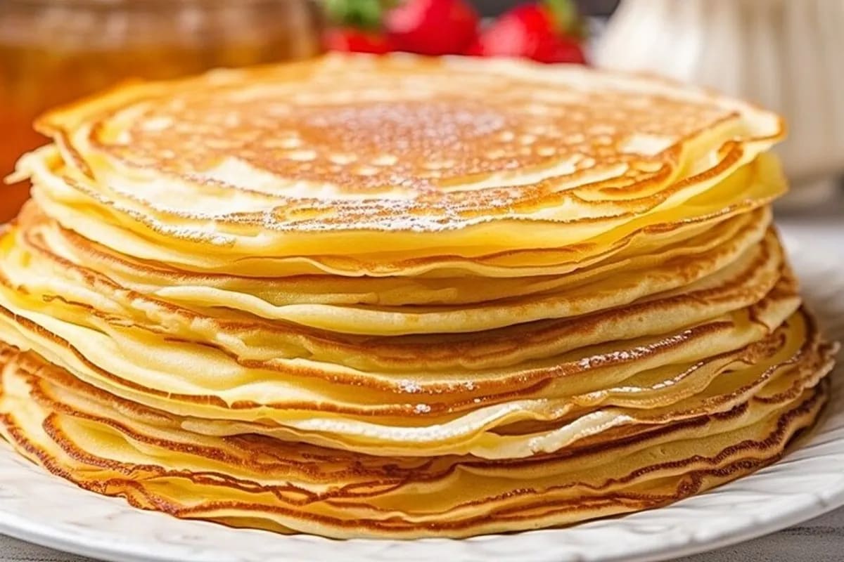 Goldbraune Pfannkuchen und zarte Crêpes nebeneinander auf einem Holzbrett, garniert mit Beeren
