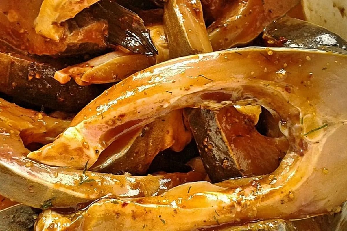 Gegrillte Fischspieße glänzend mit roter Sambal-Oelek-Marinade auf Holzkohlegrill