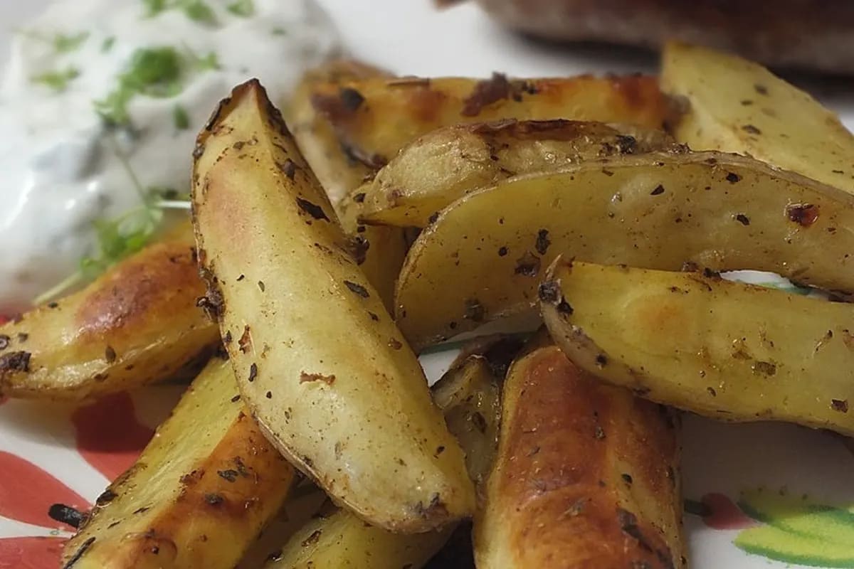 Goldbraune, knusprige Kartoffel-Wedges mit leicht geräucherter Harissa-Glasur auf einem Backblech