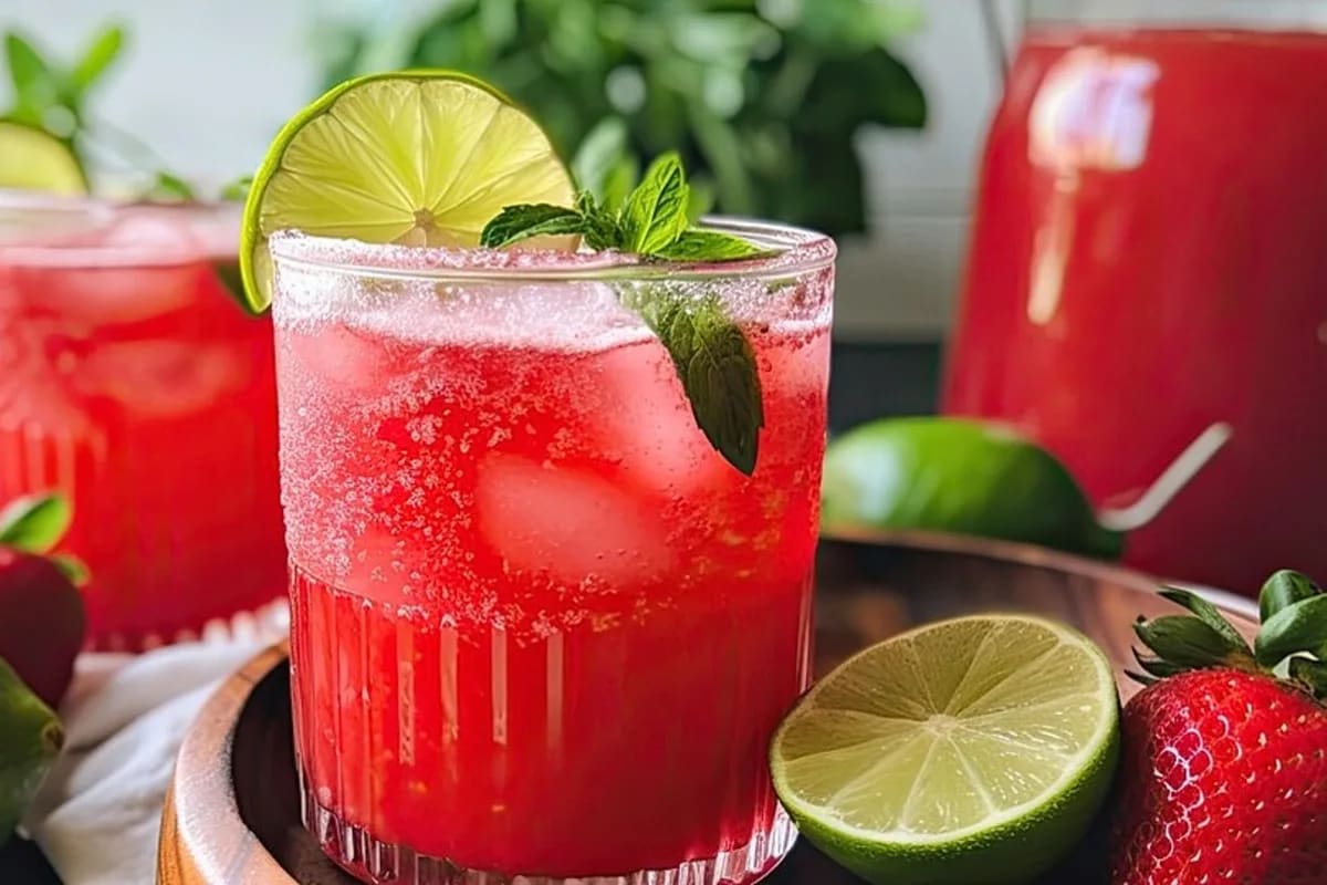 Glas mit rotem Erdbeerlimes, garniert mit frischen Erdbeeren und einem Minzblatt