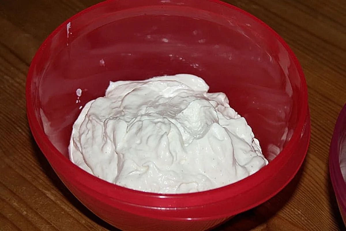 Schüssel mit cremiger, weißer Mayonnaise ohne Ei, verfeinert mit frischen Kräutern und Zitronenscheibe