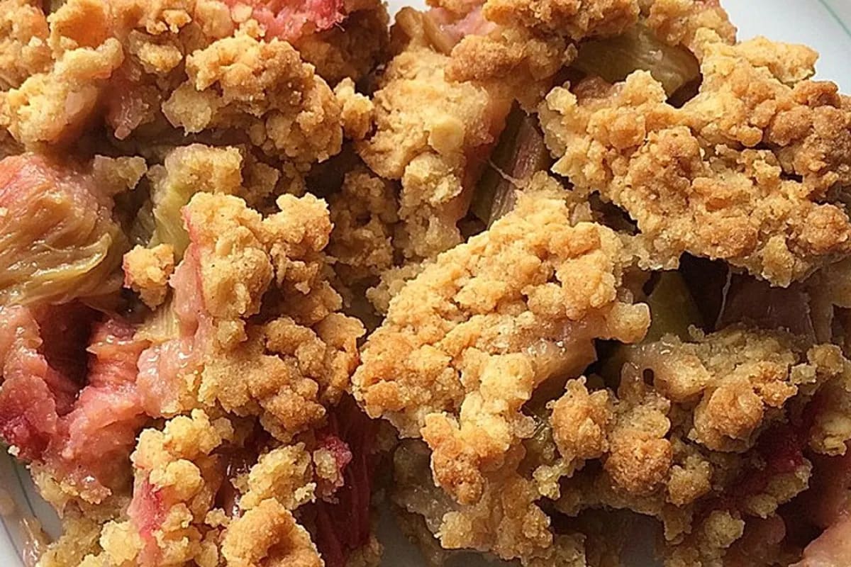 Goldbrauner Rhabarbercrumble mit knusprigen Streuseln, serviert in einer Auflaufform neben einer Kugel Vanilleeis