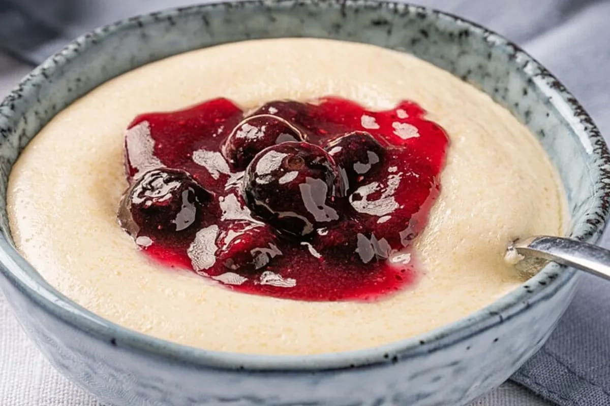 Schüssel mit cremigem, leicht gelbem Grießbrei, garniert mit Zimt und Zucker, daneben ein Löffel