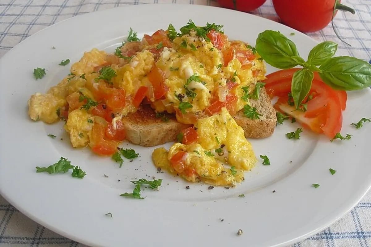 Fluffiges Rührei mit roten Tomatenwürfeln, garniert mit frischen Kräutern, auf einem hellen Teller serviert