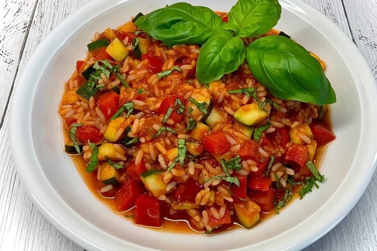 Bunte Reispfanne mit Paprika, Zucchini und frischem Basilikum, serviert in einer Pfanne
