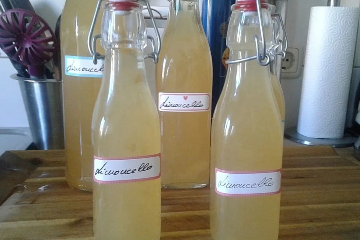 Klares Glas mit selbstgemachtem Limoncello, Zitronenscheibe am Rand, dunkler Holzuntergrund