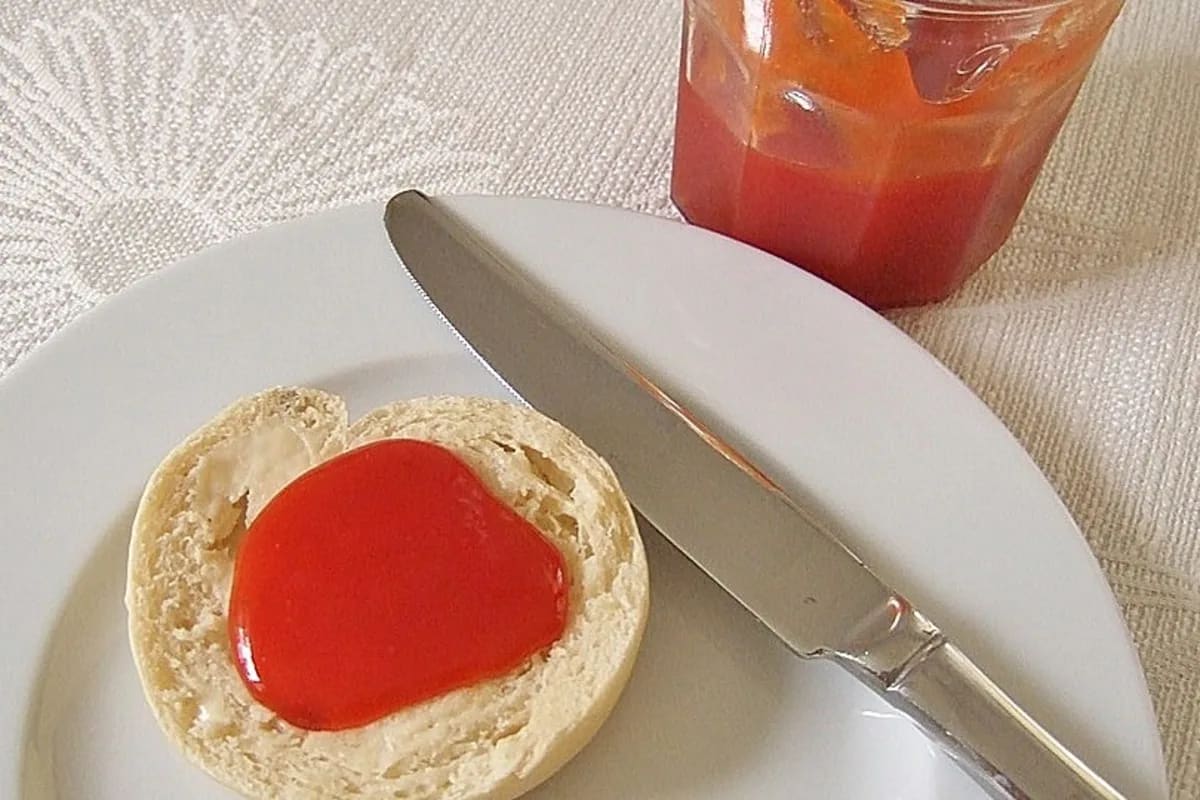 Glas mit selbstgemachter Hagebuttenmarmelade, daneben eine geöffnete Vanilleschote
