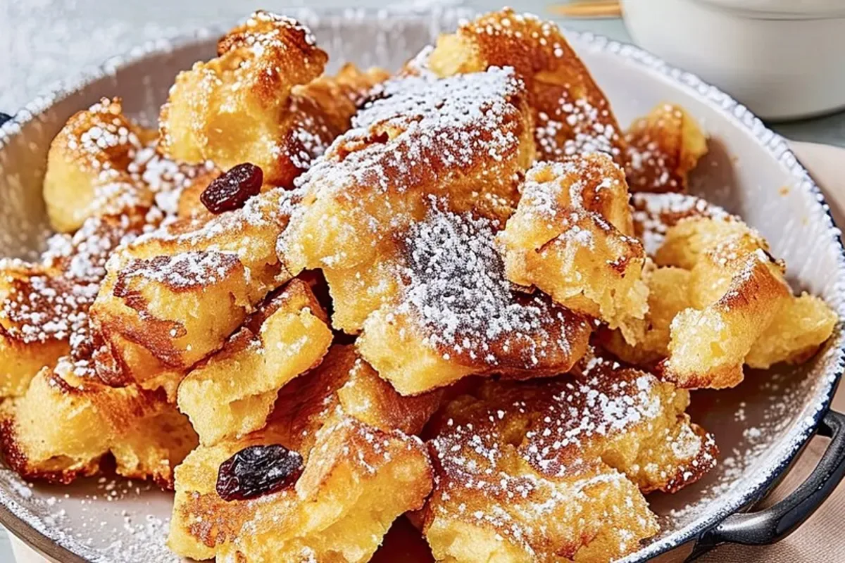 Fluffiger Kaiserschmarrn mit karamellisierten Zuckerstücken und Pflaumenkompott auf einem rustikalen Holzbrett