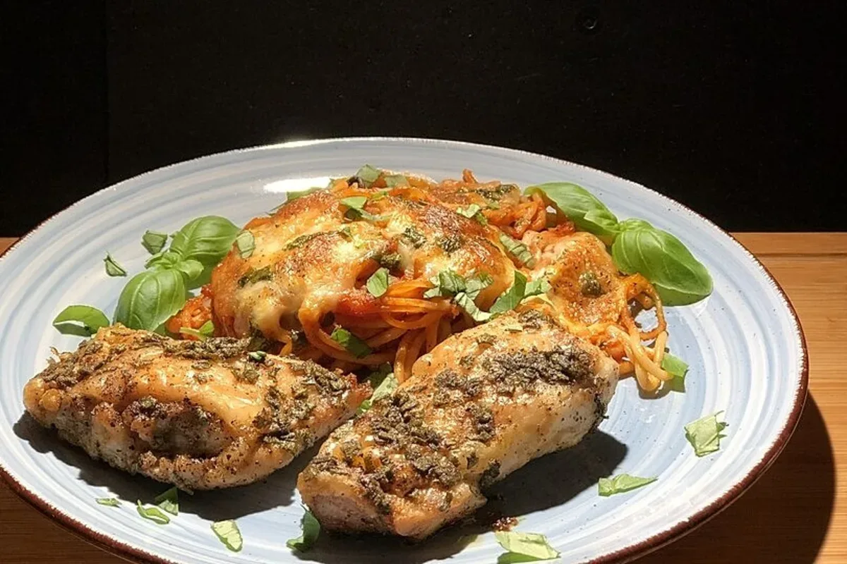 Knusprige Hähnchenschenkel auf einem Bett aus goldenen Spaghetti, überbacken mit schmelzendem Mozzarella und frischem Basilikum