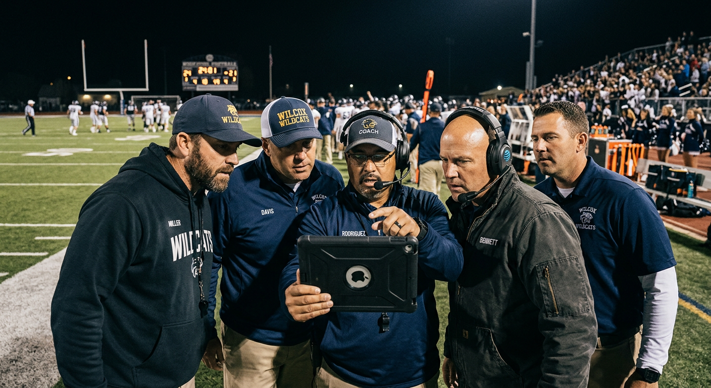 Coach entering play data on a sideline tablet during a high school football game