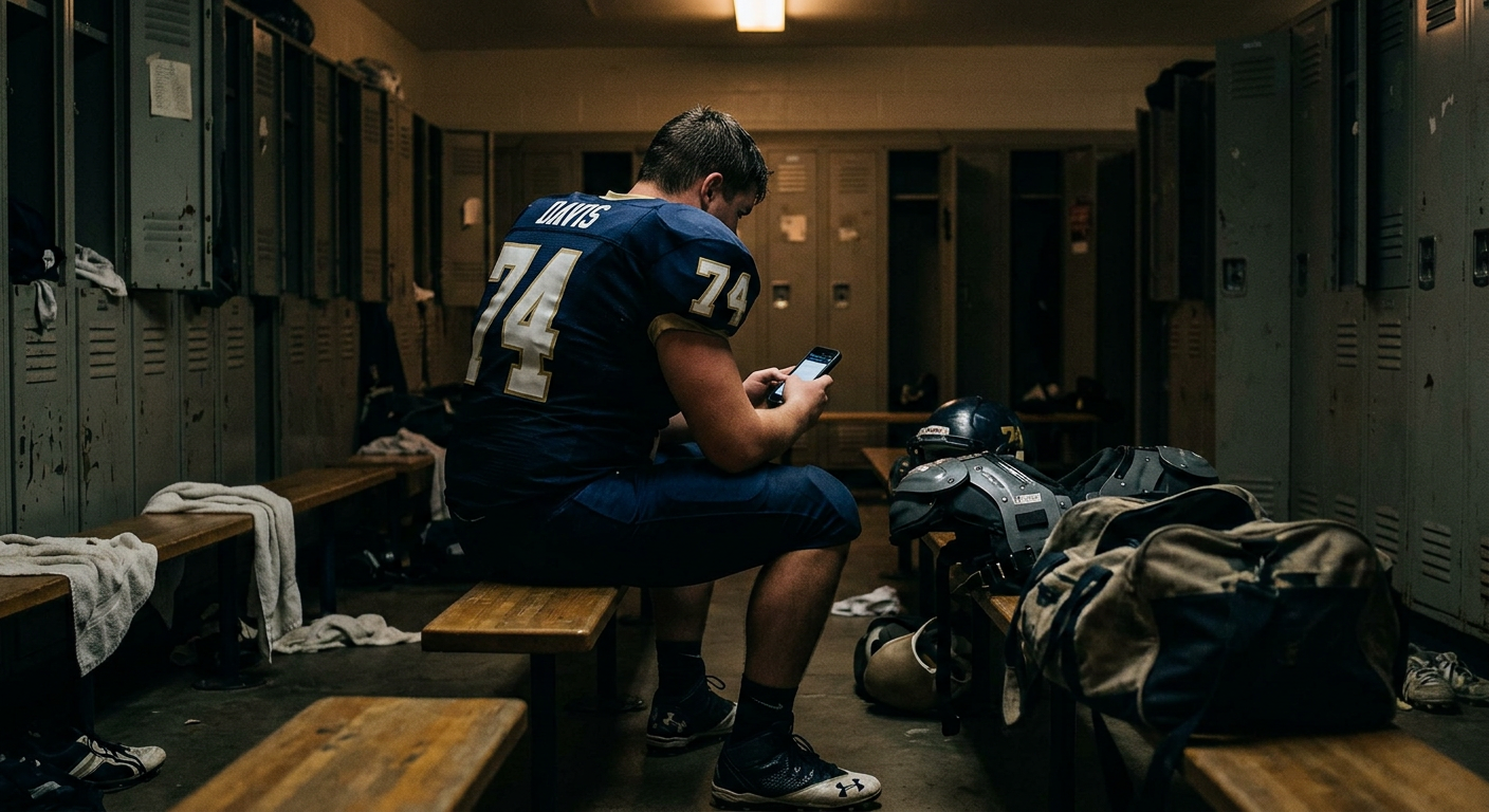High school football player reviewing his playbook assignments and taking a quiz on his phone