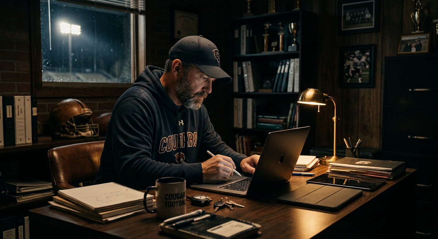 Coach building a football play diagram on a laptop in the coaches office