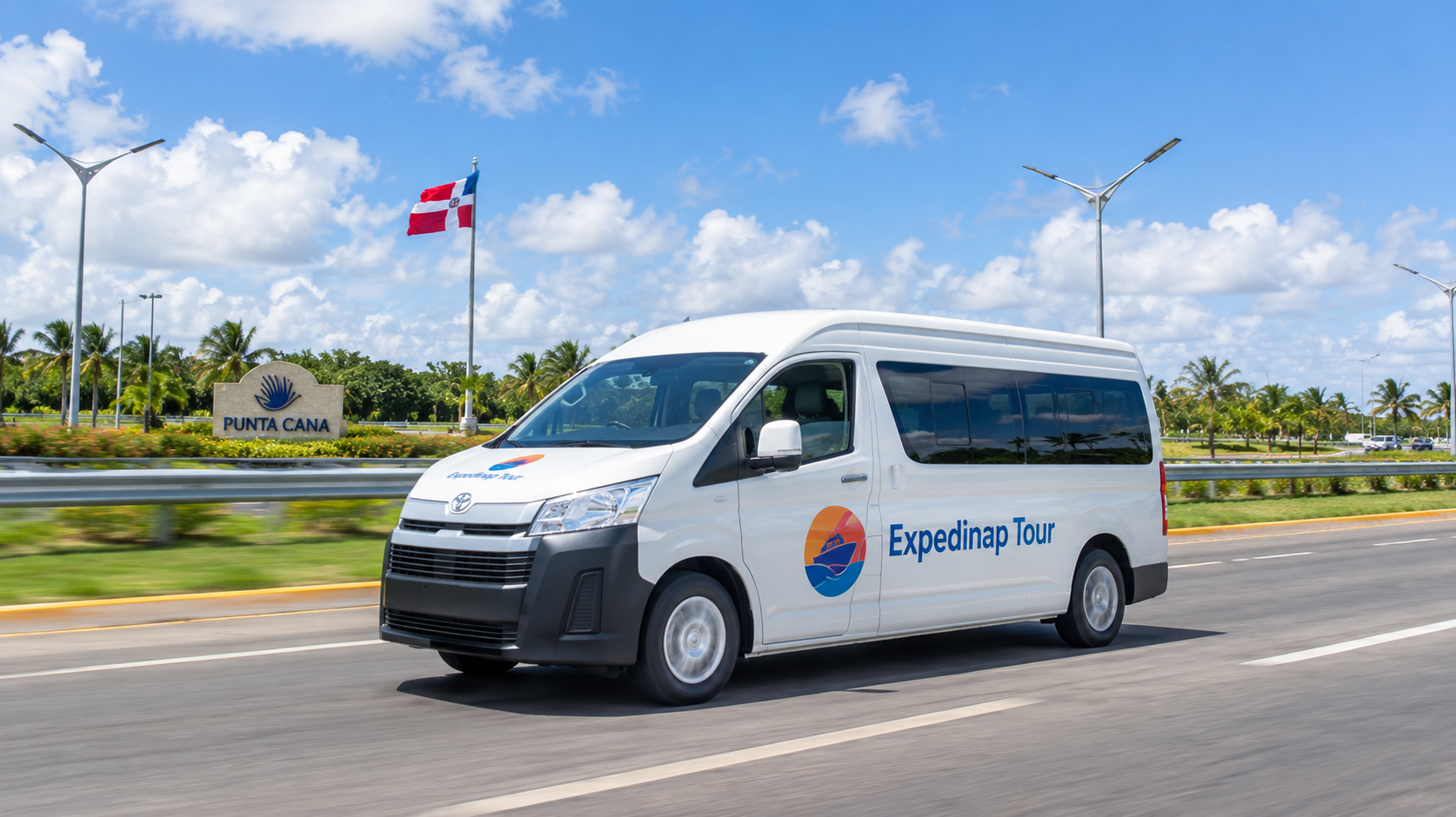Private transfer driving along a tropical road toward a resort in Punta Cana