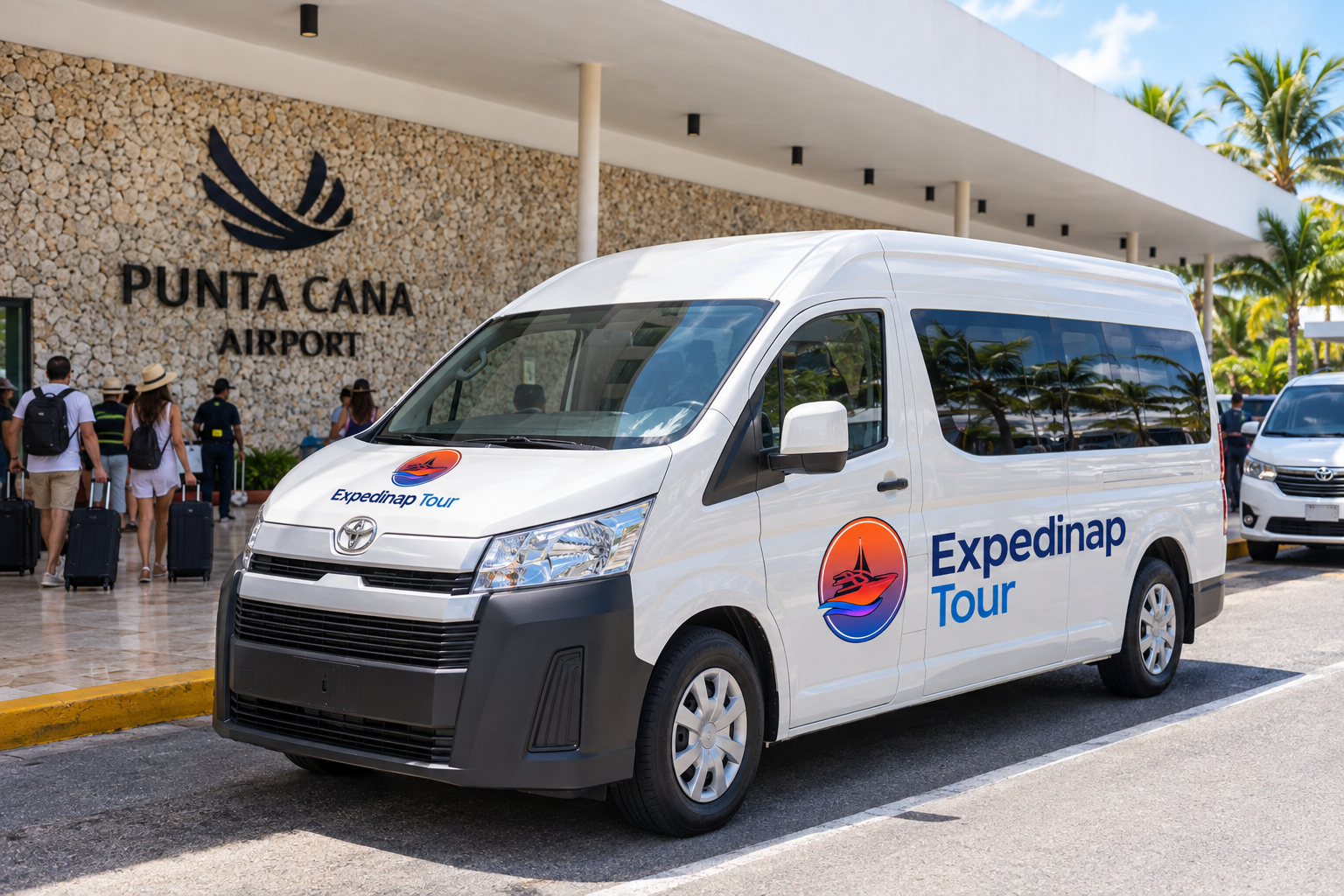 Private airport transfer vehicle waiting for travelers outside Punta Cana International Airport