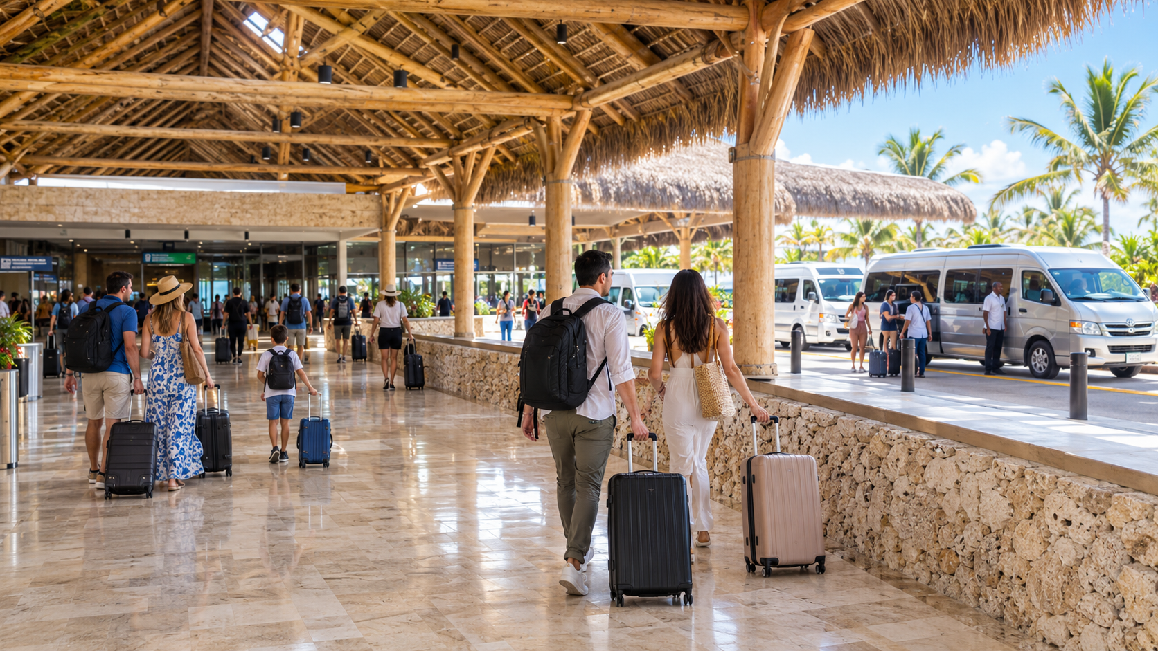 Travelers arriving with luggage at Punta Cana International Airport in the Dominican Republic