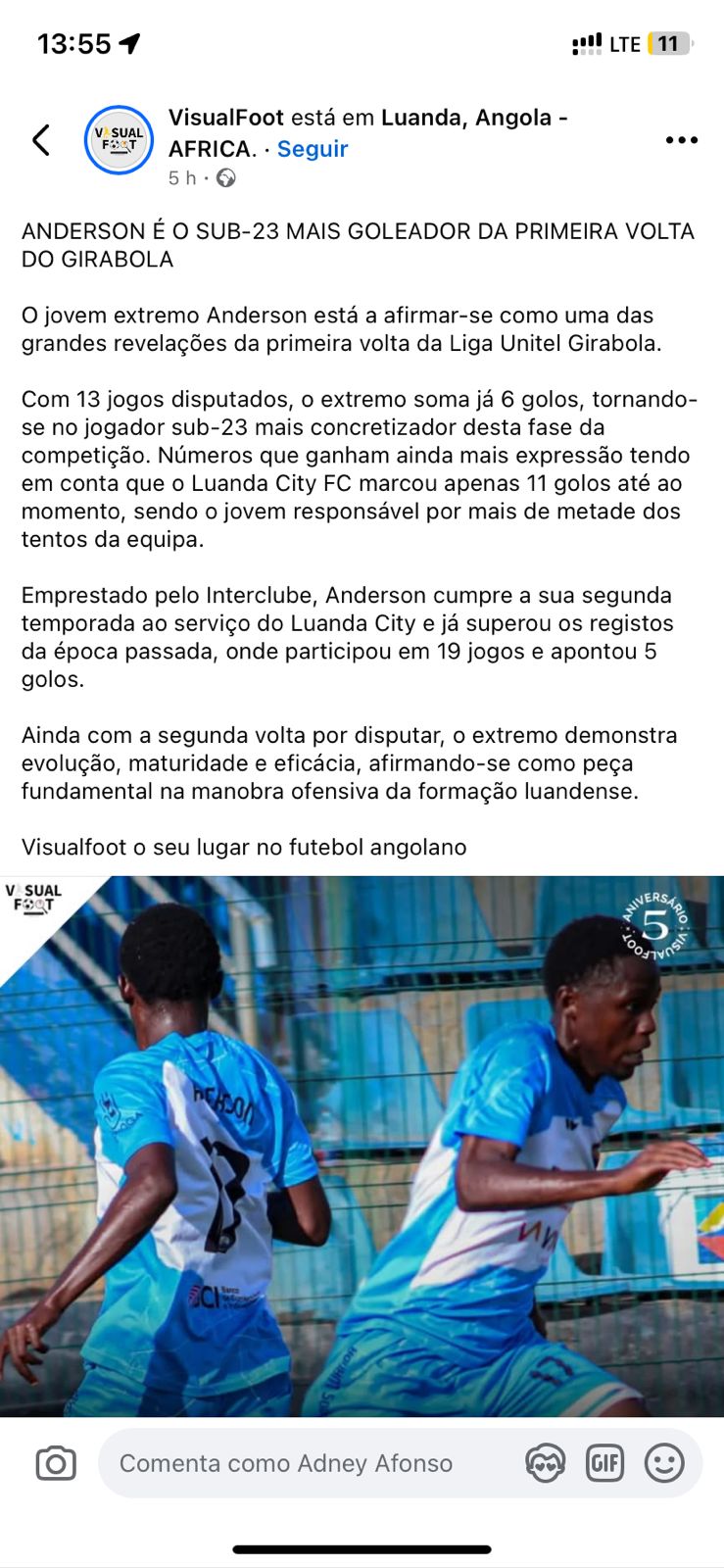 Anderson is the top U23 goalscorer of the first half of the Girabola season