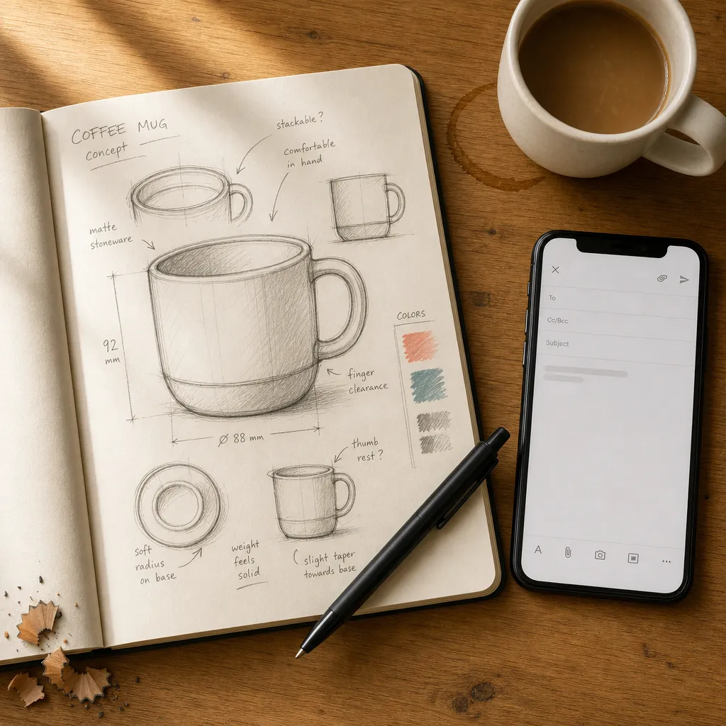 Designer sketch desk with concept materials