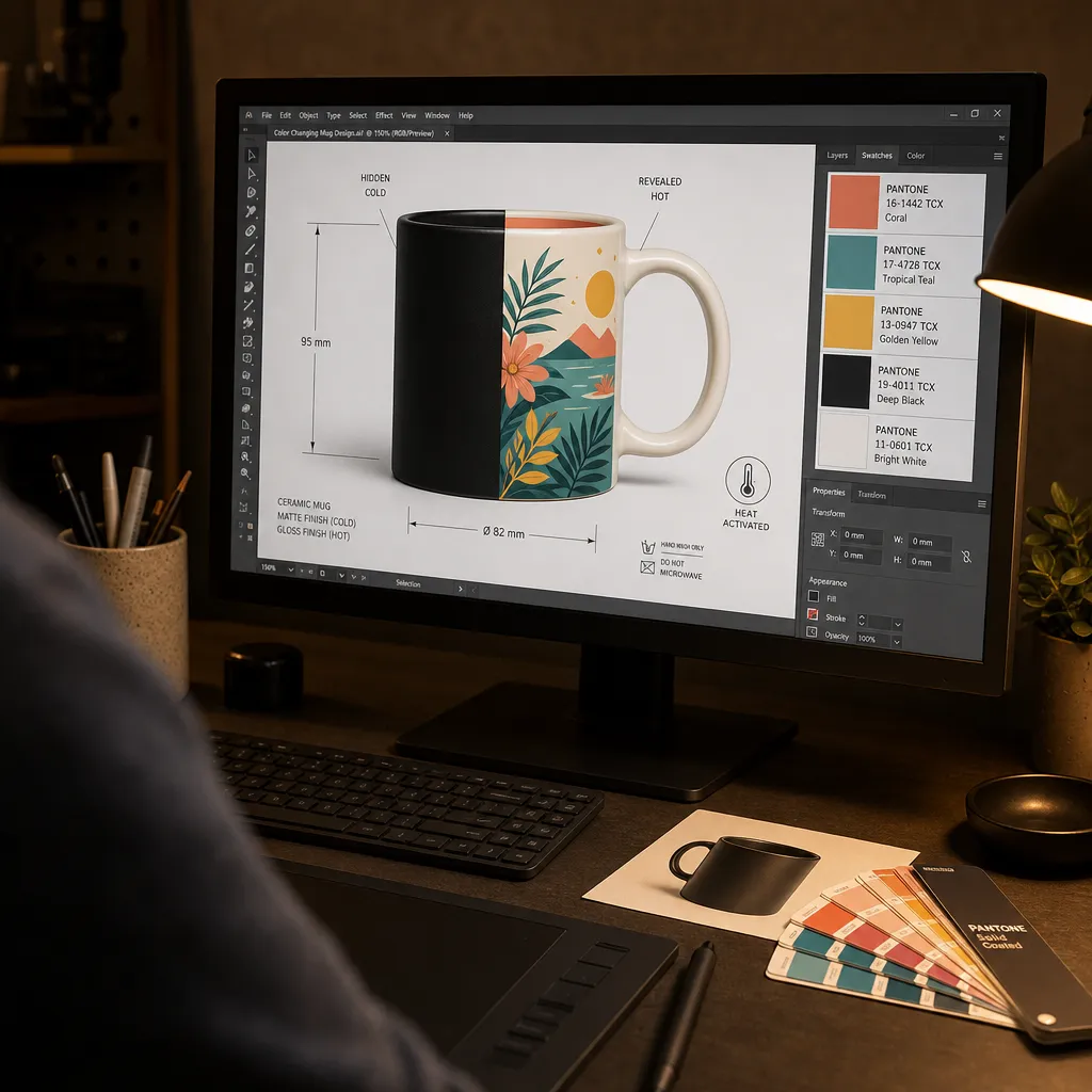 Designer workstation with color-calibrated monitor and Pantone swatches