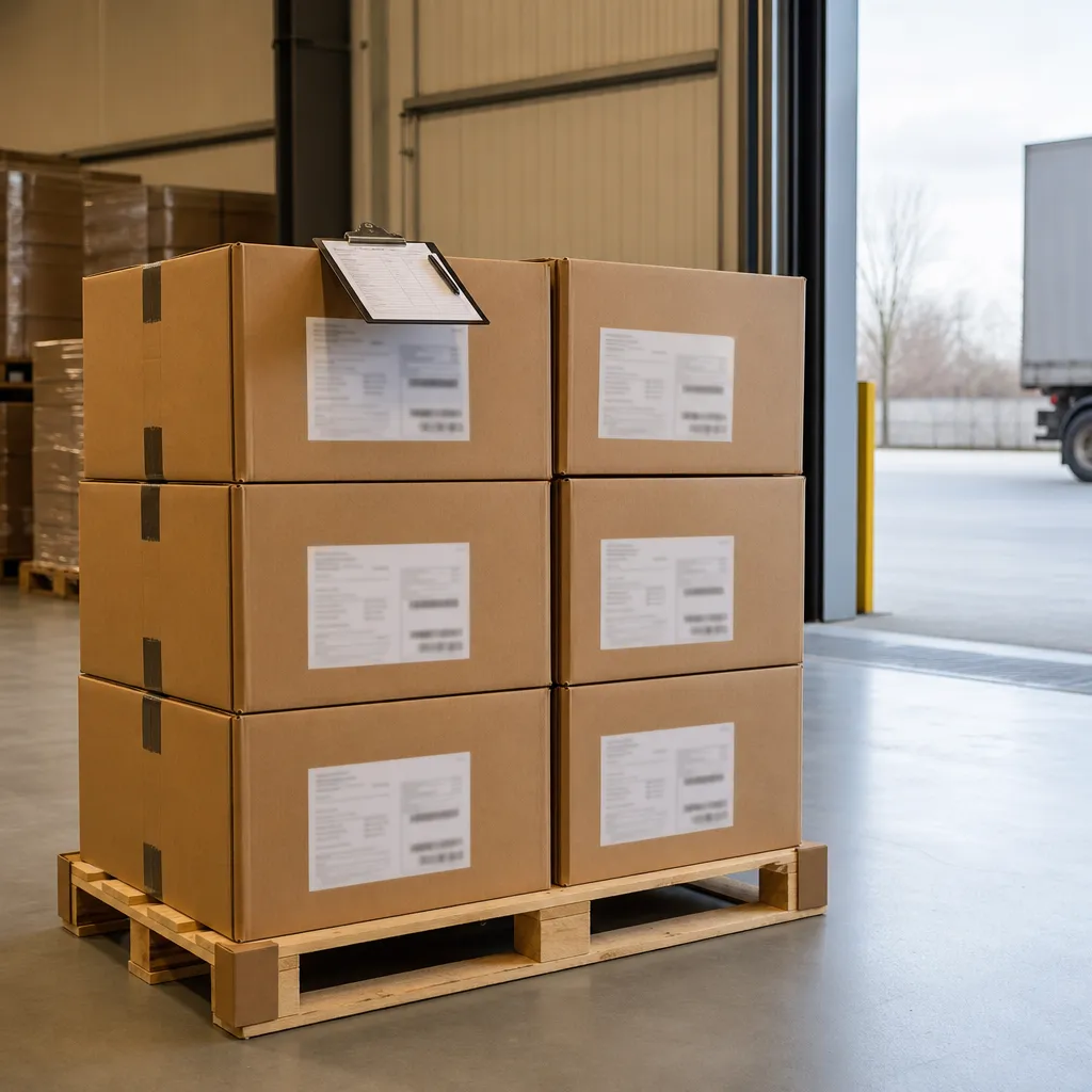 Finished product cartons on pallet ready for international shipment