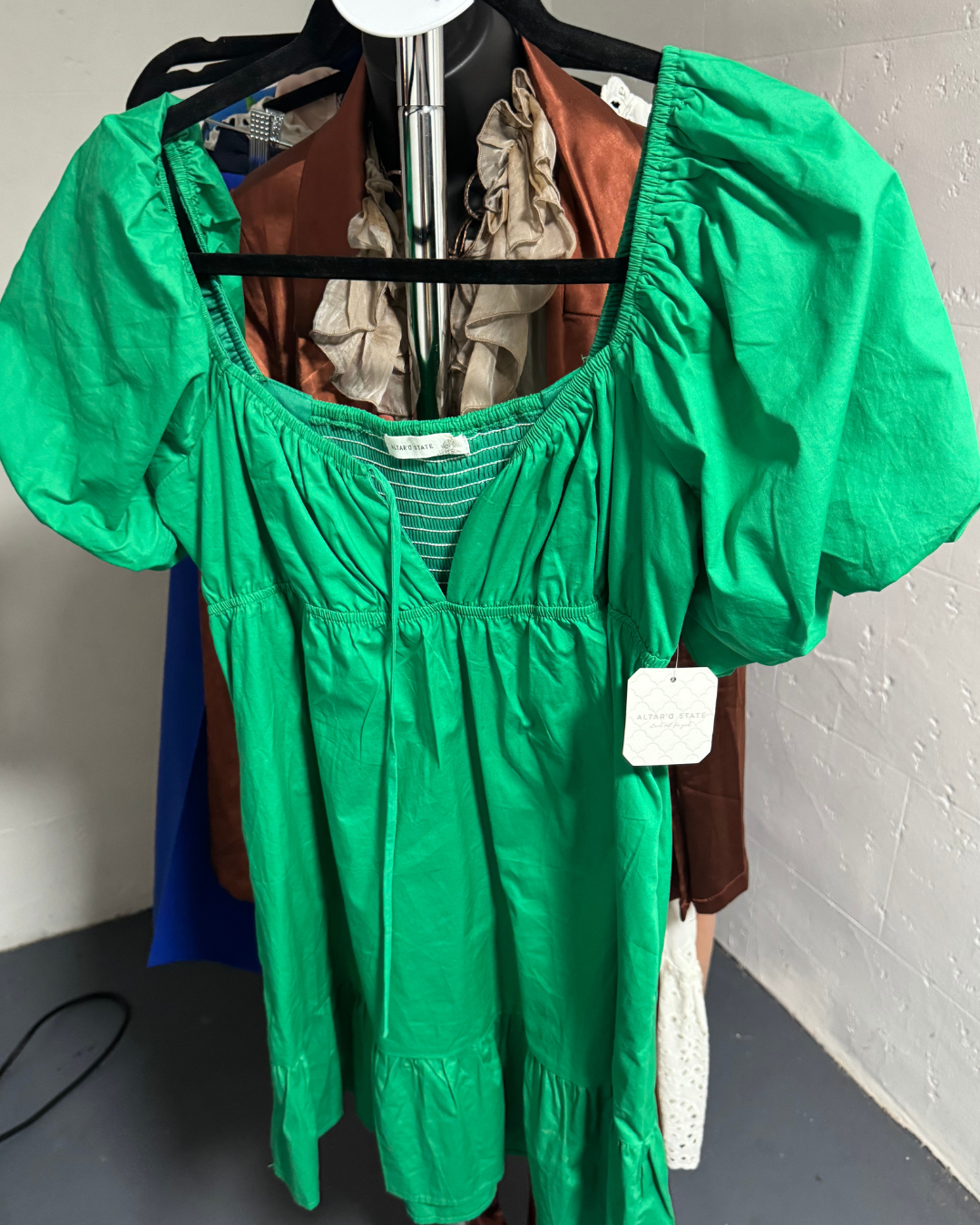 Altar'd State Mini Green Dress with Puff Sleeves - Size: Medium