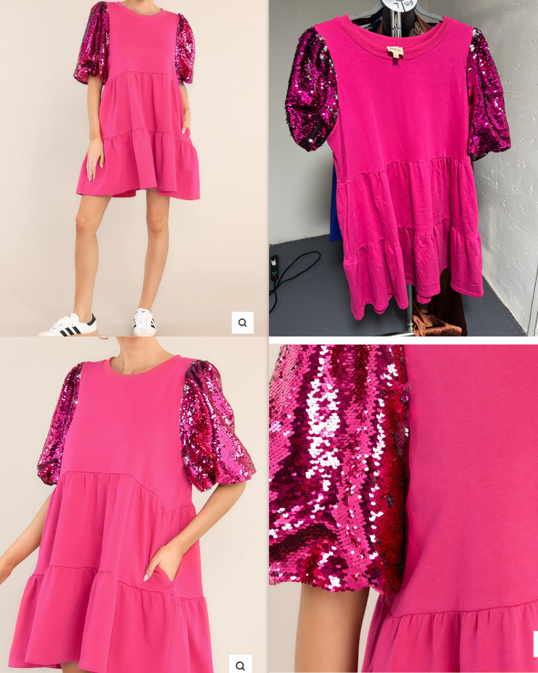 Hot Pink Mini Dress with Sequin Sleeves - Size: Large