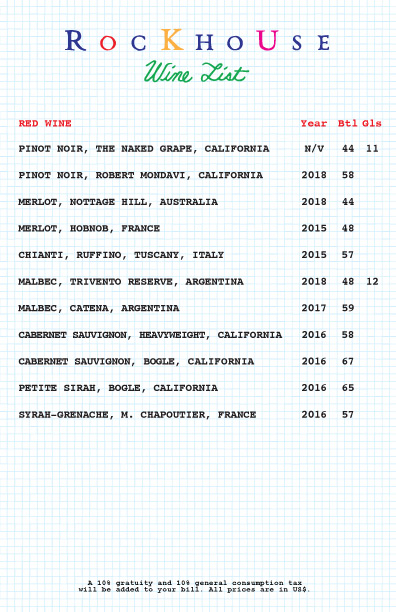 Rockhouse Wine List Menu