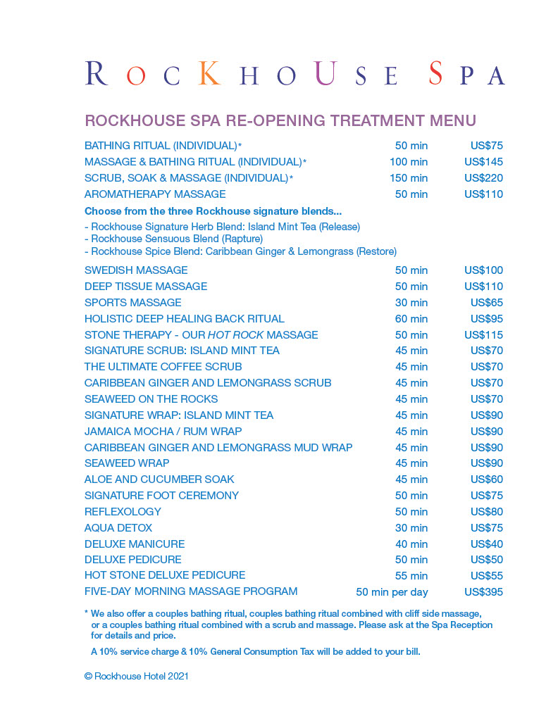 Rockhouse Spa Menu